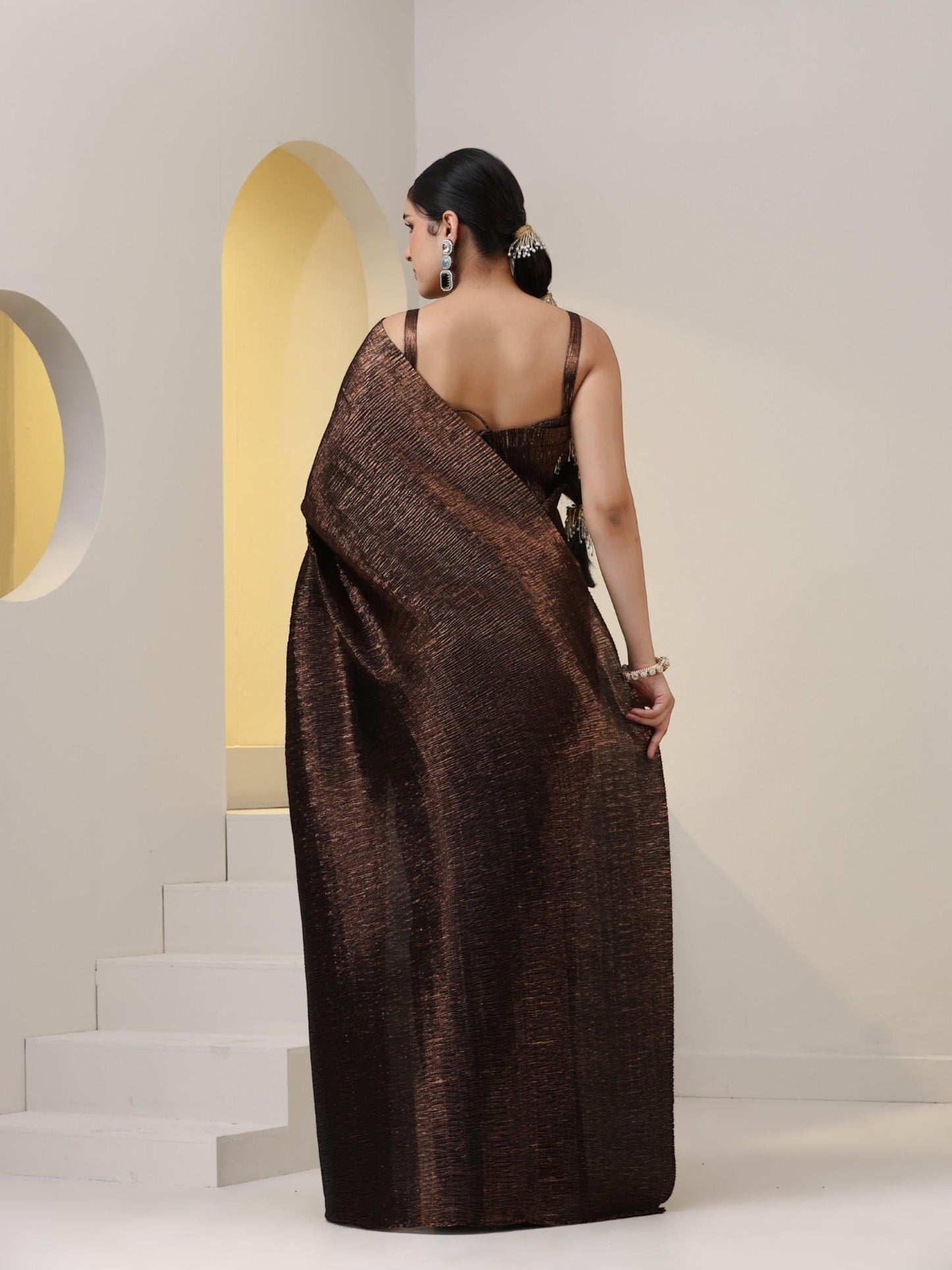 Dhiyona ST 2 pc SET - Magnificent Bronze Shiny Pleated Pre-Draped Saree with Blouse Fabric