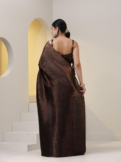 Dhiyona ST 2 pc SET - Magnificent Bronze Shiny Pleated Pre-Draped Saree with Blouse Fabric