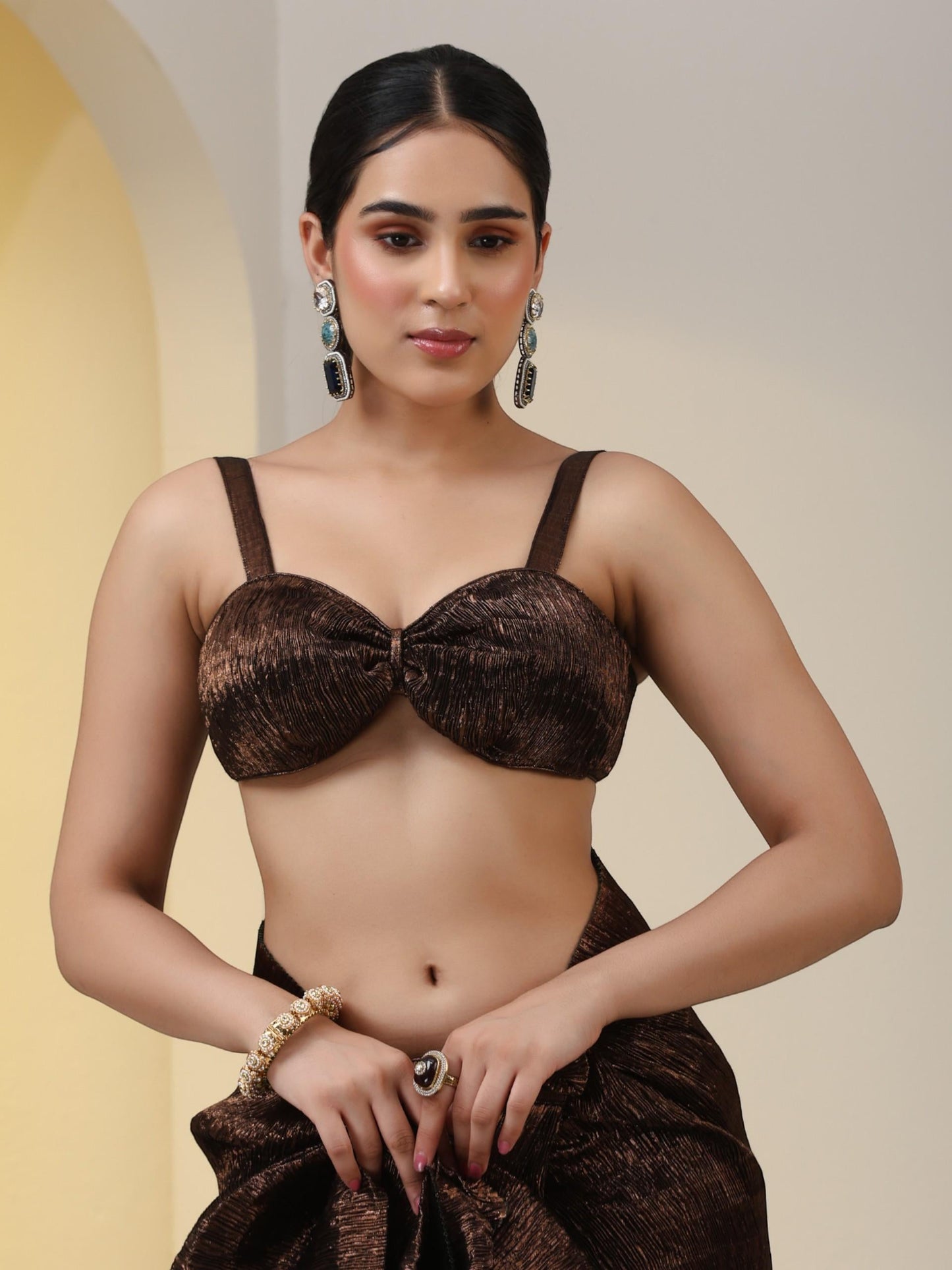 Dhiyona ST 2 pc SET - Magnificent Bronze Shiny Pleated Pre-Draped Saree with Blouse Fabric