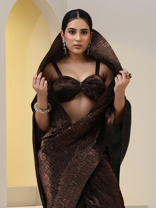 Dhiyona ST 2 pc SET - Magnificent Bronze Shiny Pleated Pre-Draped Saree with Blouse Fabric