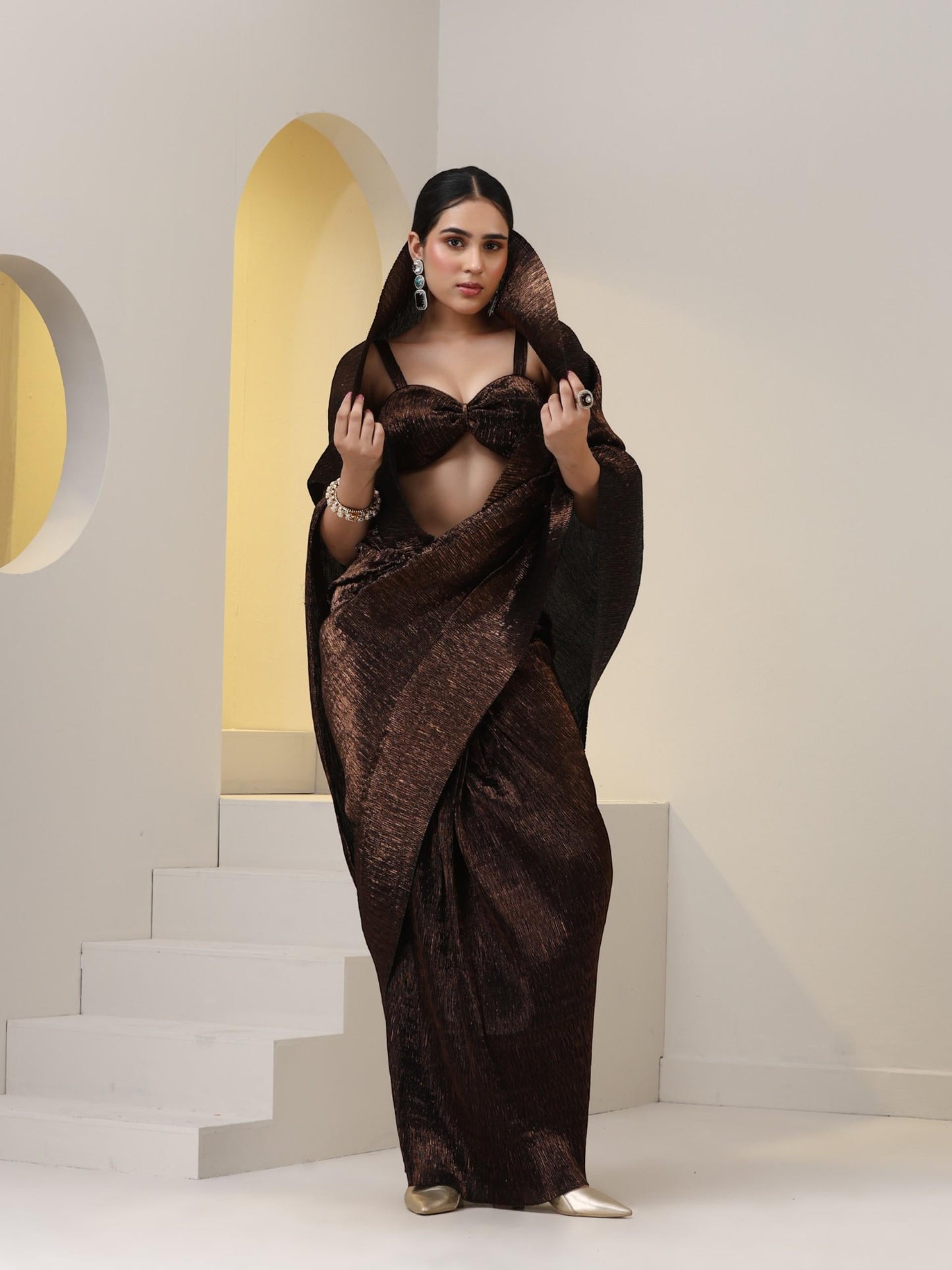 Dhiyona ST 2 pc SET - Magnificent Bronze Shiny Pleated Pre-Draped Saree with Blouse Fabric