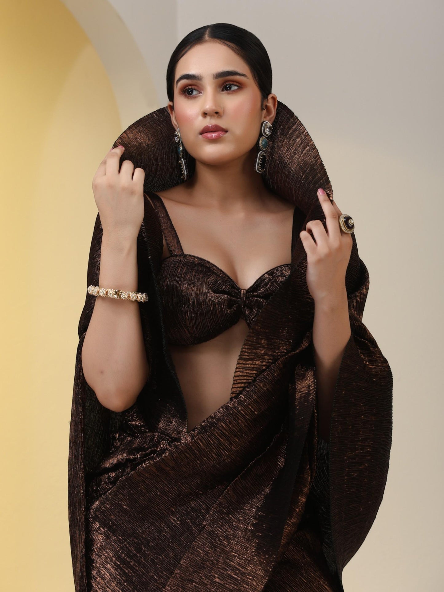 Dhiyona ST 2 pc SET - Magnificent Bronze Shiny Pleated Pre-Draped Saree with Blouse Fabric