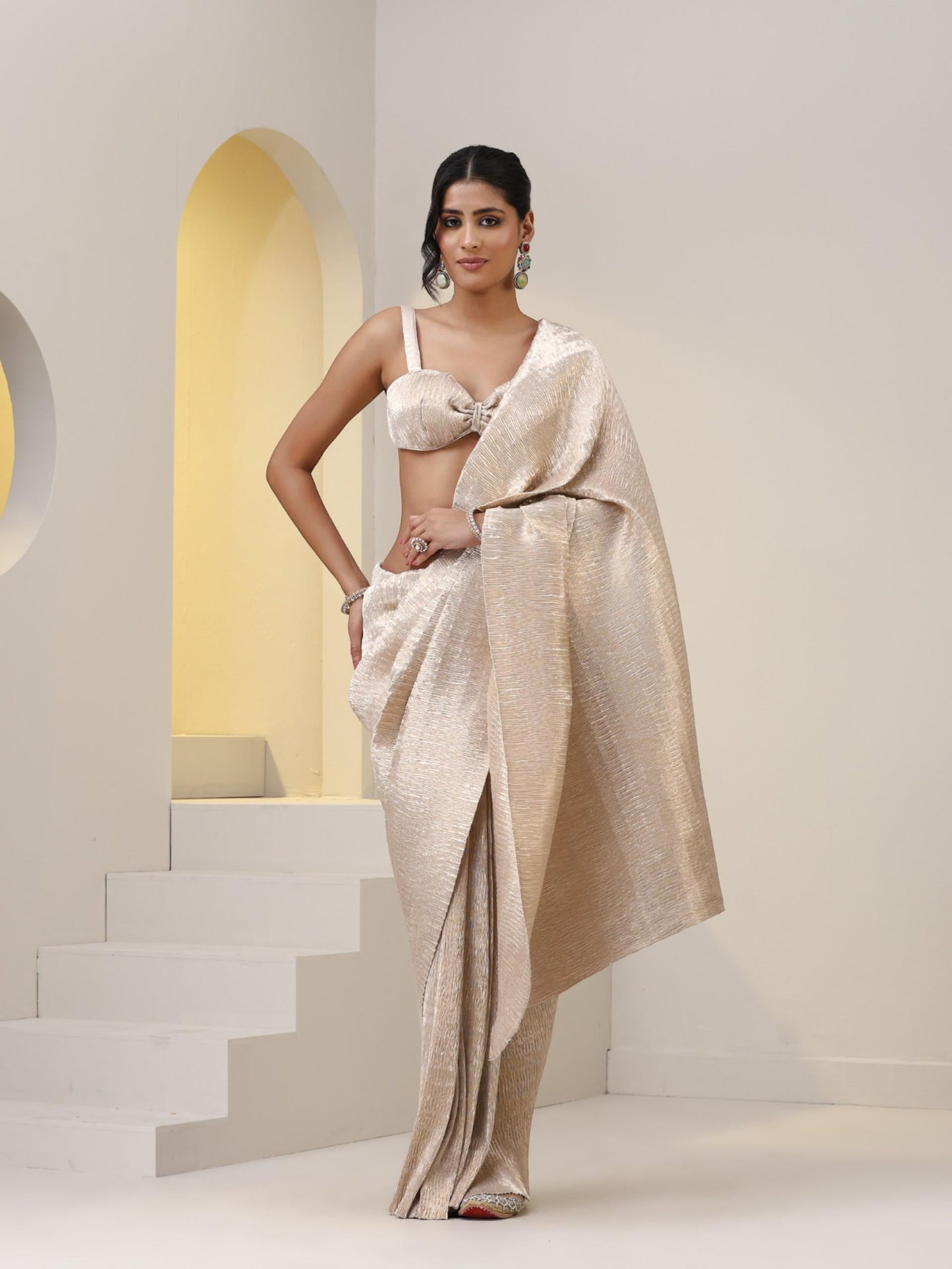 Dhiyona ST 2 pc SET - Primrose Shiny Pleated Pre-Draped Saree with Pleated Blouse Fabric