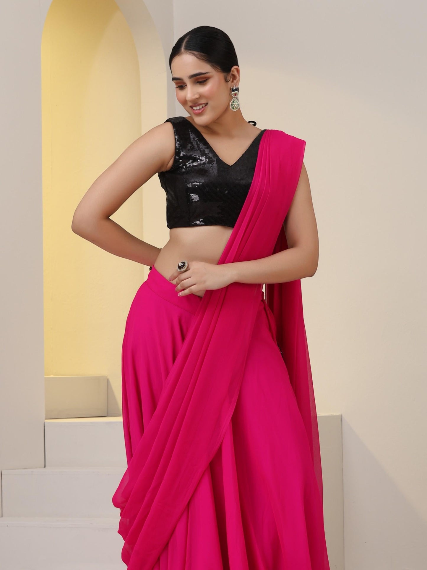 Dhiyona ST 2 pc SET - Fuschia Georgette Sharara with Pallu and Black Sequin Blouse