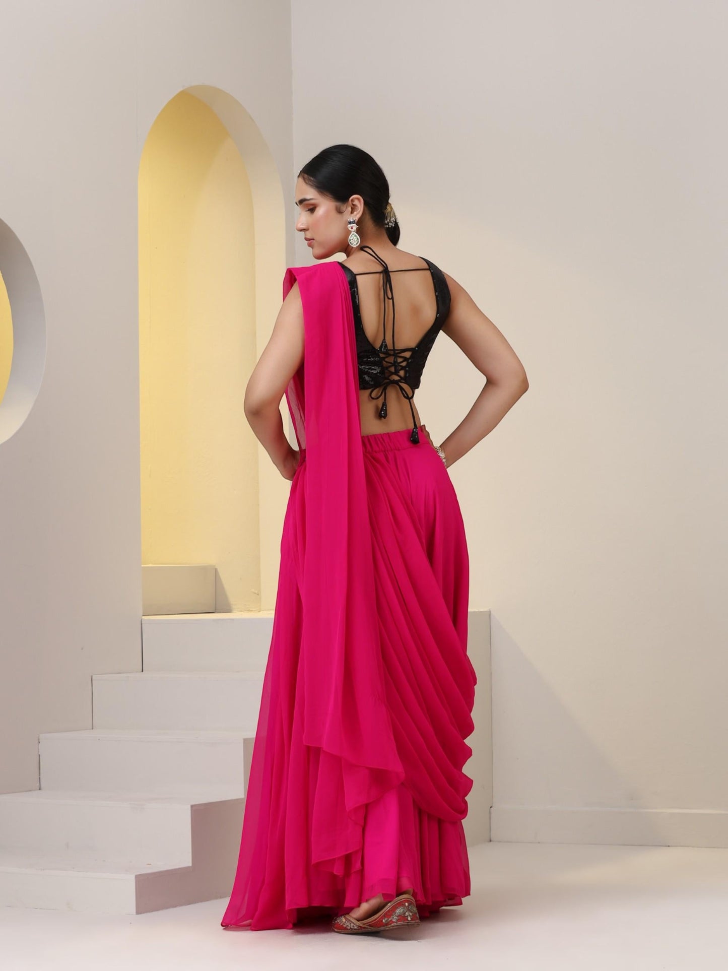 Dhiyona ST 2 pc SET - Fuschia Georgette Sharara with Pallu and Black Sequin Blouse