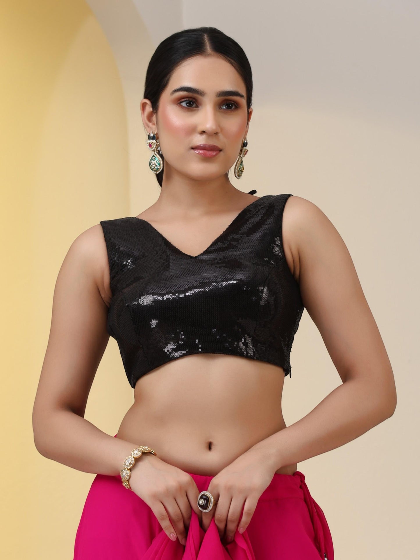 Dhiyona ST 2 pc SET - Fuschia Georgette Sharara with Pallu and Black Sequin Blouse