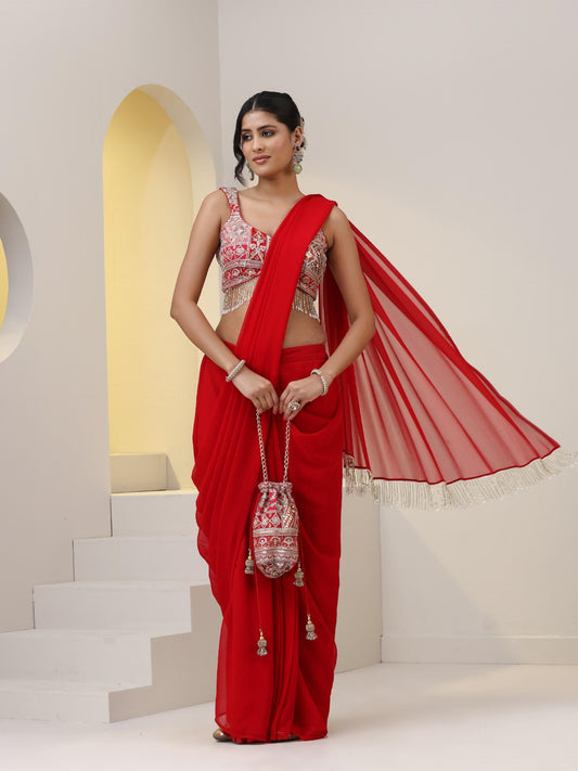 Dhiyona ST 2 pc SET - All Fired Up Georgette Red Skirt Saree With Embroidered Blouse with Lace Edges