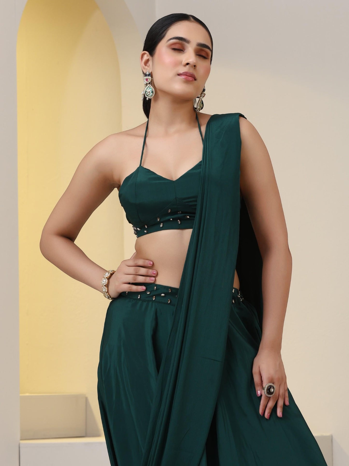 Dhiyona ST 2 pc SET - Heathify Crepe Sharara Saree with Beads on Blouse Fabric and Waist Band