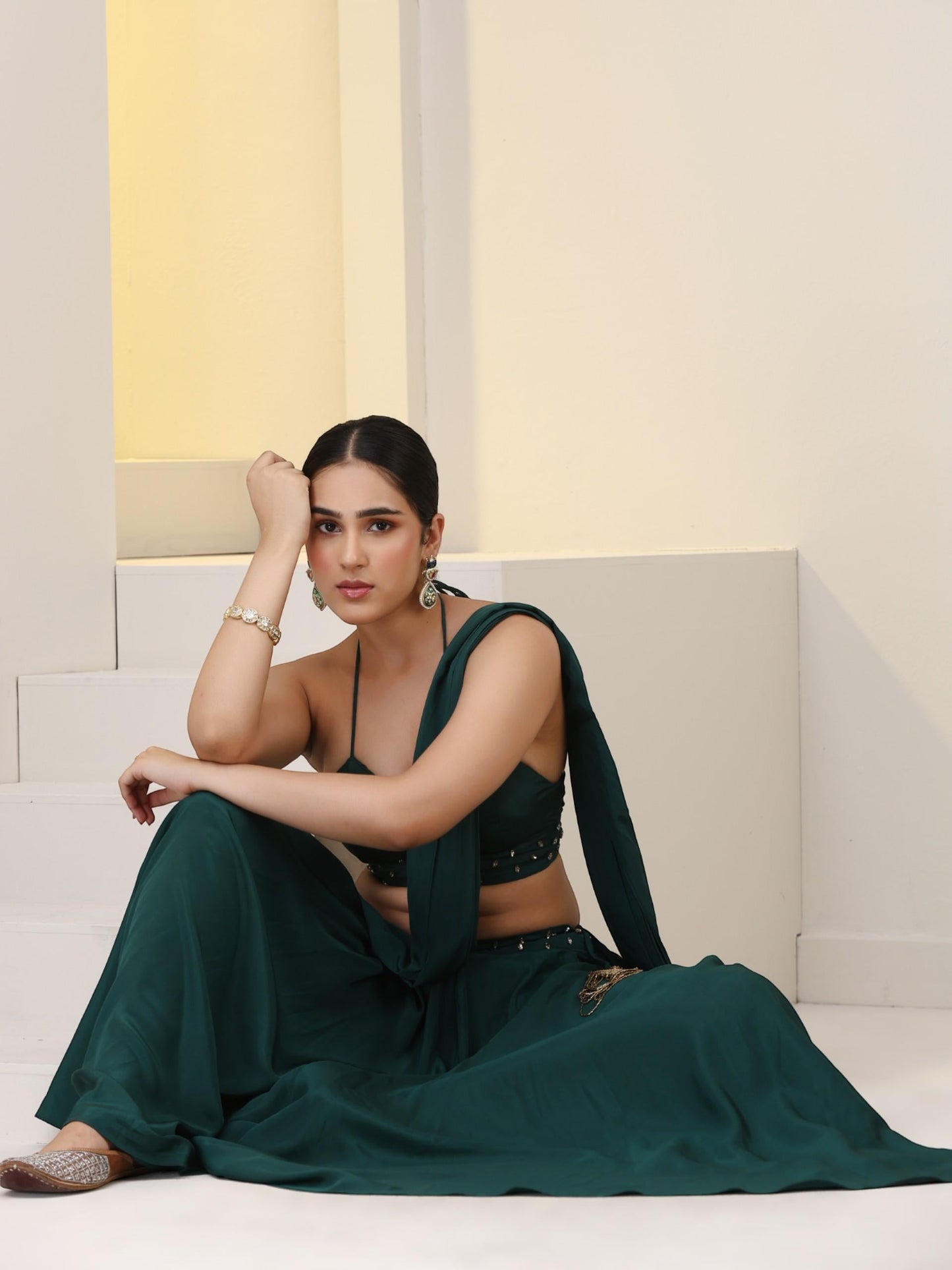 Dhiyona ST 2 pc SET - Heathify Crepe Sharara Saree with Beads on Blouse Fabric and Waist Band