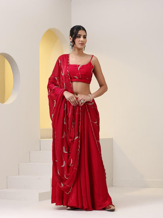 Dhiyona ST 3 pc SET - Pink Red Metallic Satin Sharara Saree with Hand Embroidery on Blouse Fabric and Dupatta