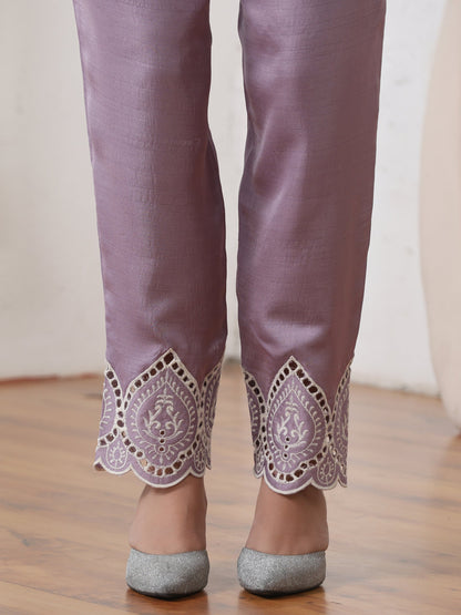 Dhiyona ST Women’s Lilac Schffli Suit Set with Pant | 2 Pc Set, A-Line, Swiss Embroidery on hem and pant, Sleeveless, Work Wear, Casual (PRF'T Lux Duchess Satin Fabric)
