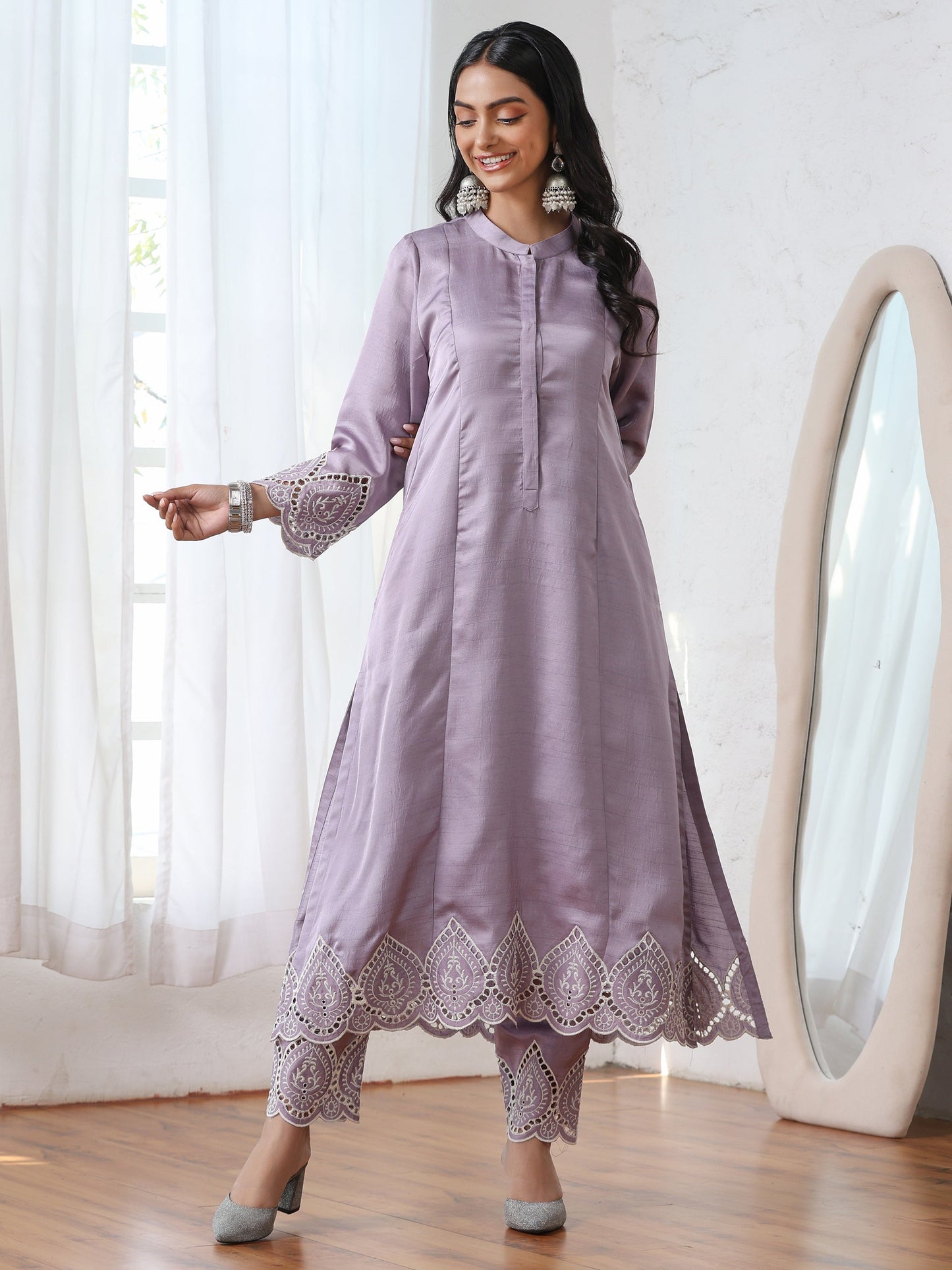 Dhiyona ST Women’s Lilac Suit Set with Pant | 2 Pc Set, A-Line, Swiss Embroidery on Sleeves, Work Wear, Casual (PRF'T Lux Duchess Satin Fabric)