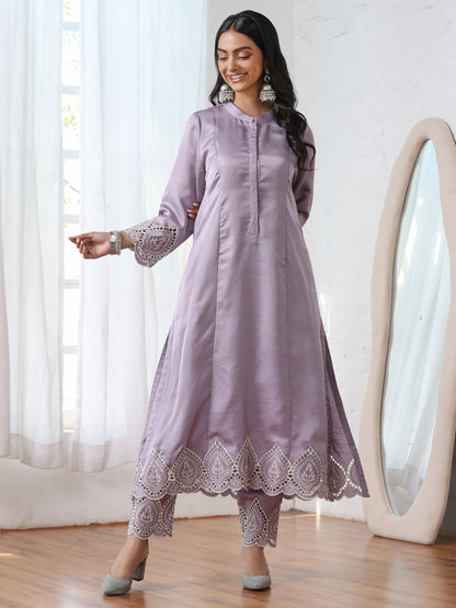 Dhiyona ST Women’s Lilac Suit Set with Pant | 2 Pc Set, A-Line, Swiss Embroidery on Sleeves, Work Wear, Casual (PRF'T Lux Duchess Satin Fabric)