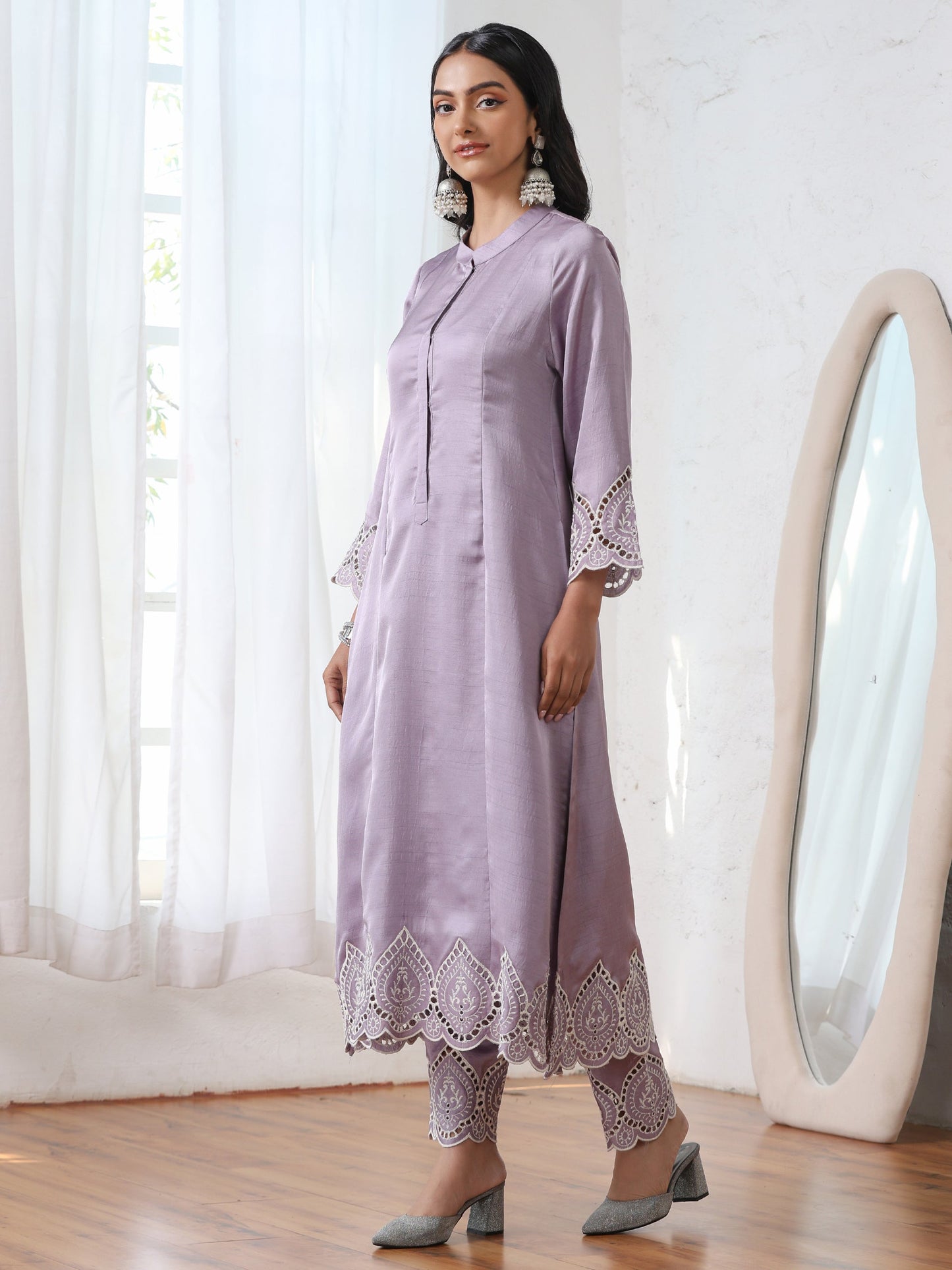 Dhiyona ST Women’s Lilac Suit Set with Pant | 2 Pc Set, A-Line, Swiss Embroidery on Sleeves, Work Wear, Casual (PRF'T Lux Duchess Satin Fabric)