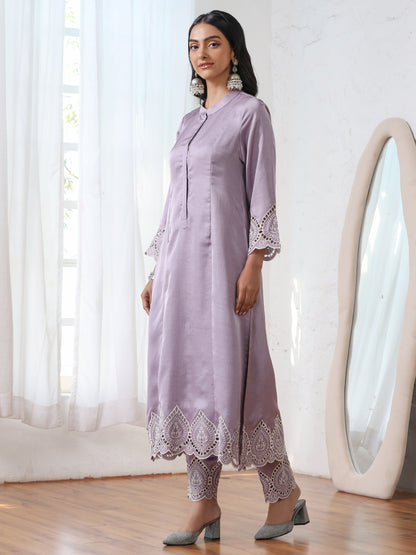 Dhiyona ST Women’s Lilac Suit Set with Pant | 2 Pc Set, A-Line, Swiss Embroidery on Sleeves, Work Wear, Casual (PRF'T Lux Duchess Satin Fabric)