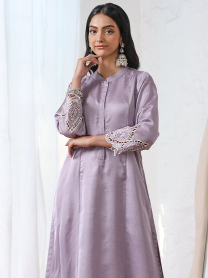 Dhiyona ST Women’s Lilac Suit Set with Pant | 2 Pc Set, A-Line, Swiss Embroidery on Sleeves, Work Wear, Casual (PRF'T Lux Duchess Satin Fabric)