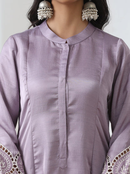 Dhiyona ST Women’s Lilac Suit Set with Pant | 2 Pc Set, A-Line, Swiss Embroidery on Sleeves, Work Wear, Casual (PRF'T Lux Duchess Satin Fabric)