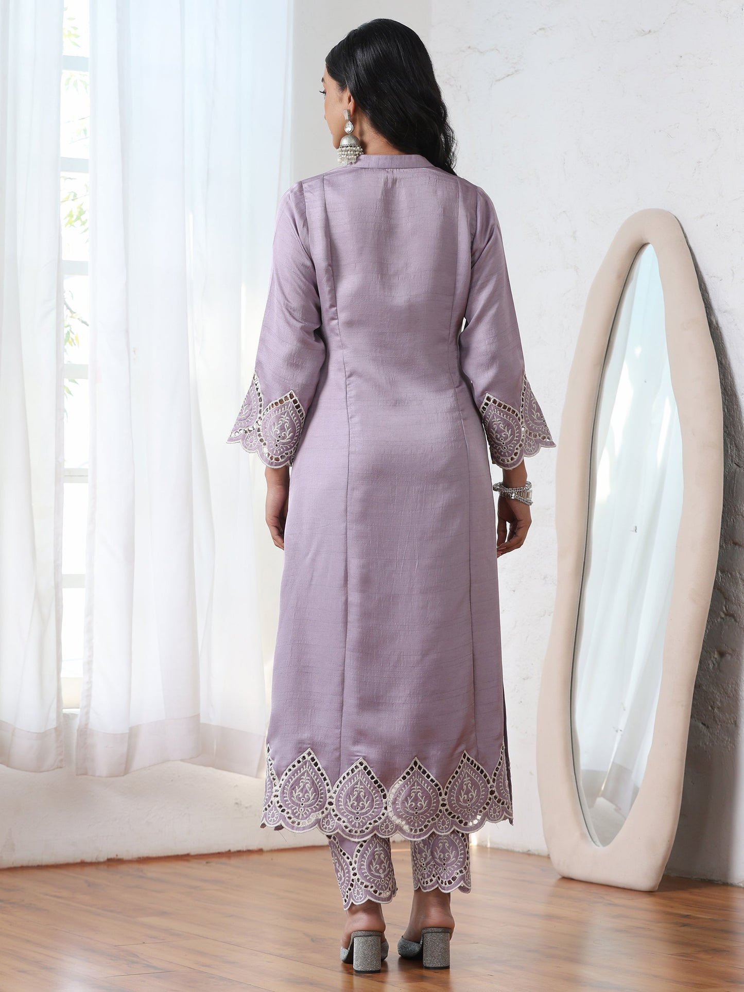 Dhiyona ST Women’s Lilac Suit Set with Pant | 2 Pc Set, A-Line, Swiss Embroidery on Sleeves, Work Wear, Casual (PRF'T Lux Duchess Satin Fabric)