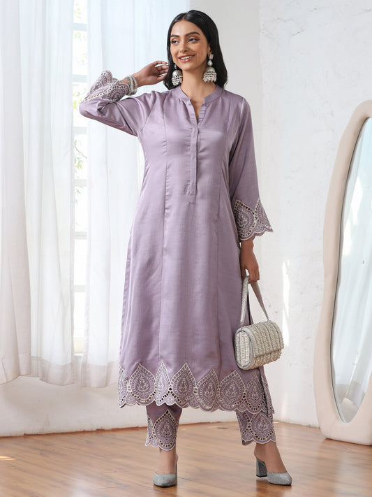 Dhiyona ST Women’s Lilac Suit Set with Pant | 2 Pc Set, A-Line, Swiss Embroidery on Sleeves, Work Wear, Casual (PRF'T Lux Duchess Satin Fabric)