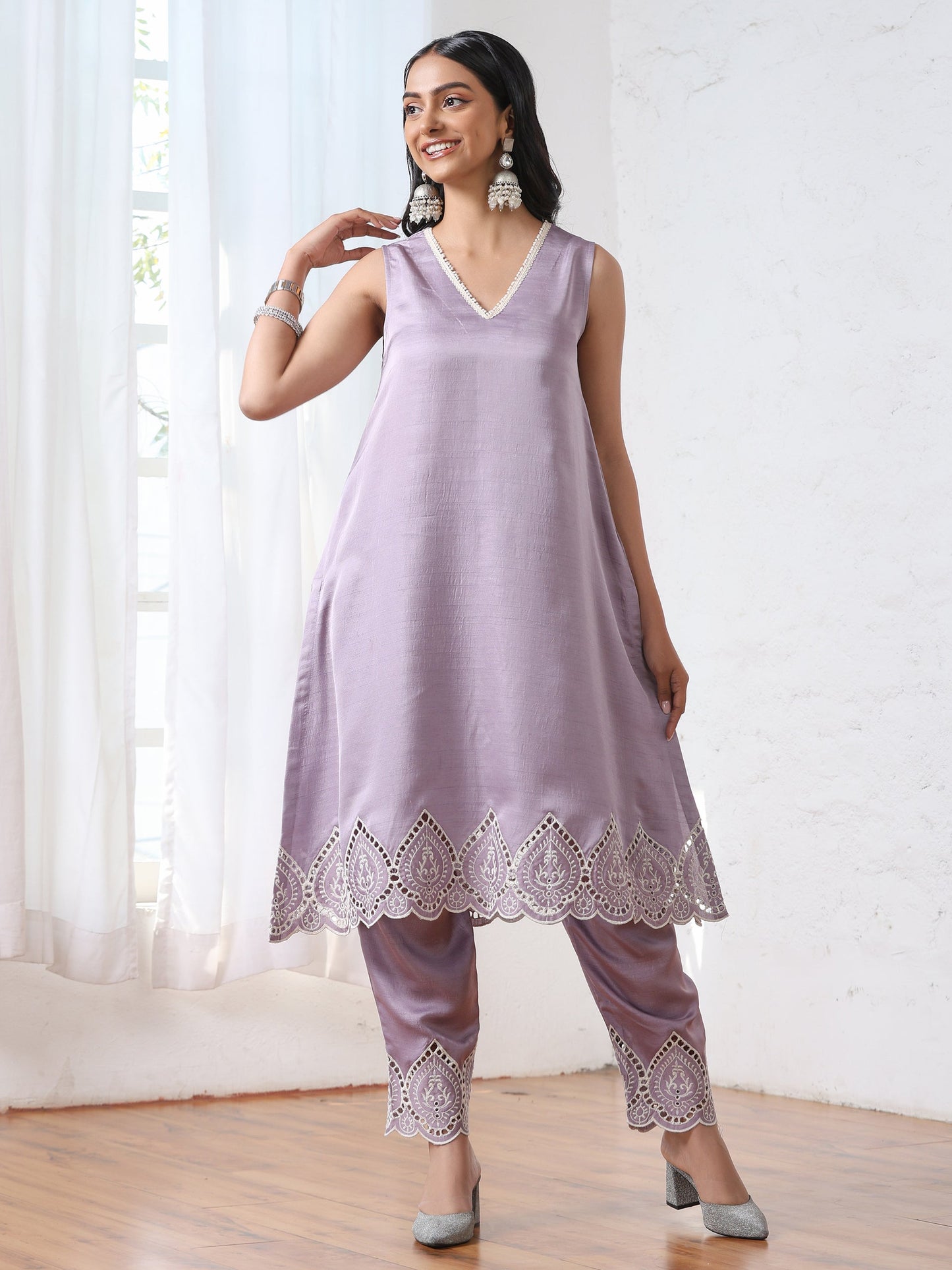 Dhiyona ST Women’s Lilac Schffli Suit Set with Pant | 2 Pc Set, A-Line, Swiss Embroidery on hem and pant, Sleeveless, Work Wear, Casual (PRF'T Lux Duchess Satin Fabric)