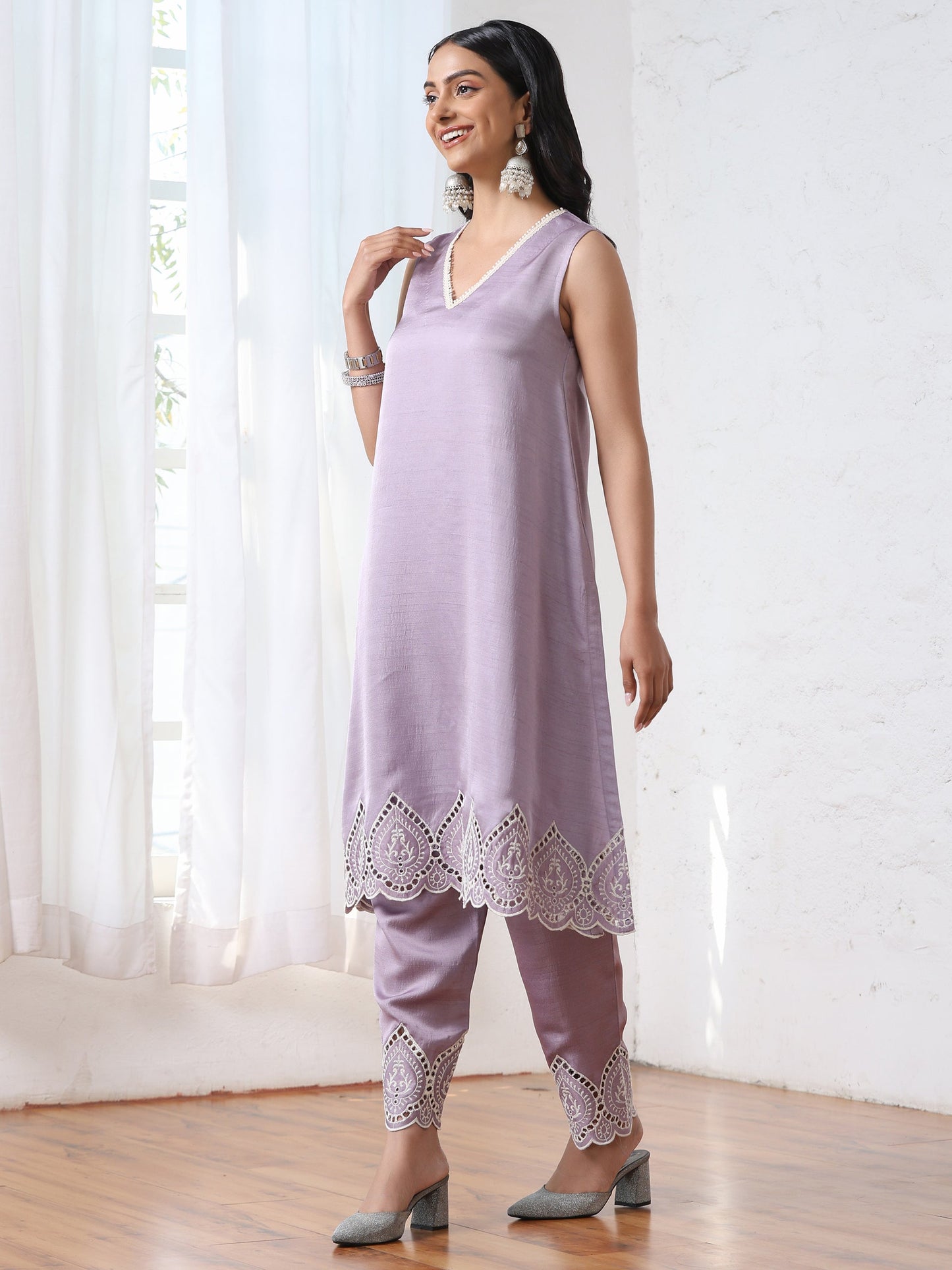 Dhiyona ST Women’s Lilac Schffli Suit Set with Pant | 2 Pc Set, A-Line, Swiss Embroidery on hem and pant, Sleeveless, Work Wear, Casual (PRF'T Lux Duchess Satin Fabric)