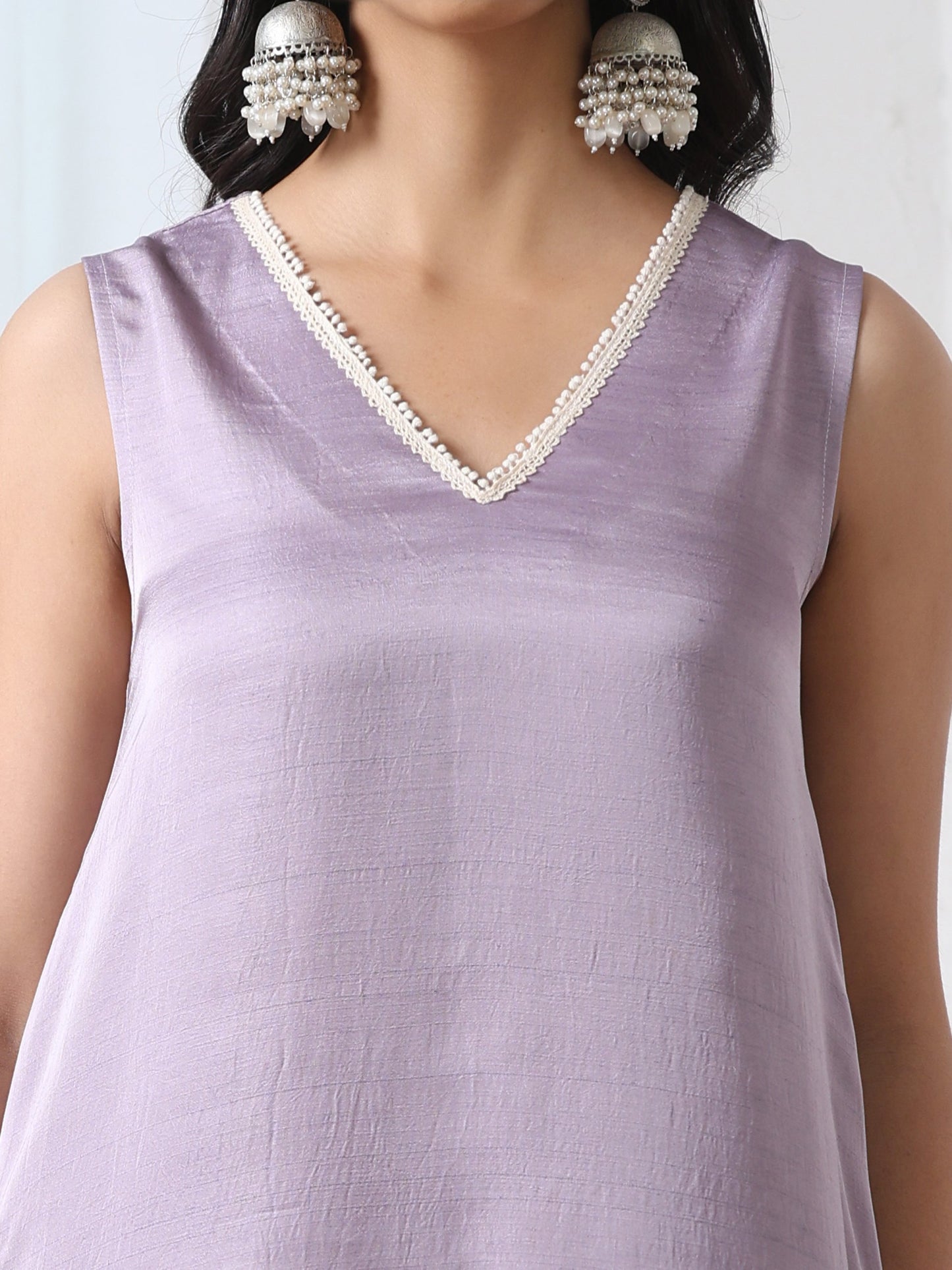 Dhiyona ST Women’s Lilac Schffli Suit Set with Pant | 2 Pc Set, A-Line, Swiss Embroidery on hem and pant, Sleeveless, Work Wear, Casual (PRF'T Lux Duchess Satin Fabric)