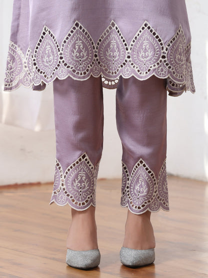 Dhiyona ST Women’s Lilac Schffli Suit Set with Pant | 2 Pc Set, A-Line, Swiss Embroidery on hem and pant, Sleeveless, Work Wear, Casual (PRF'T Lux Duchess Satin Fabric)