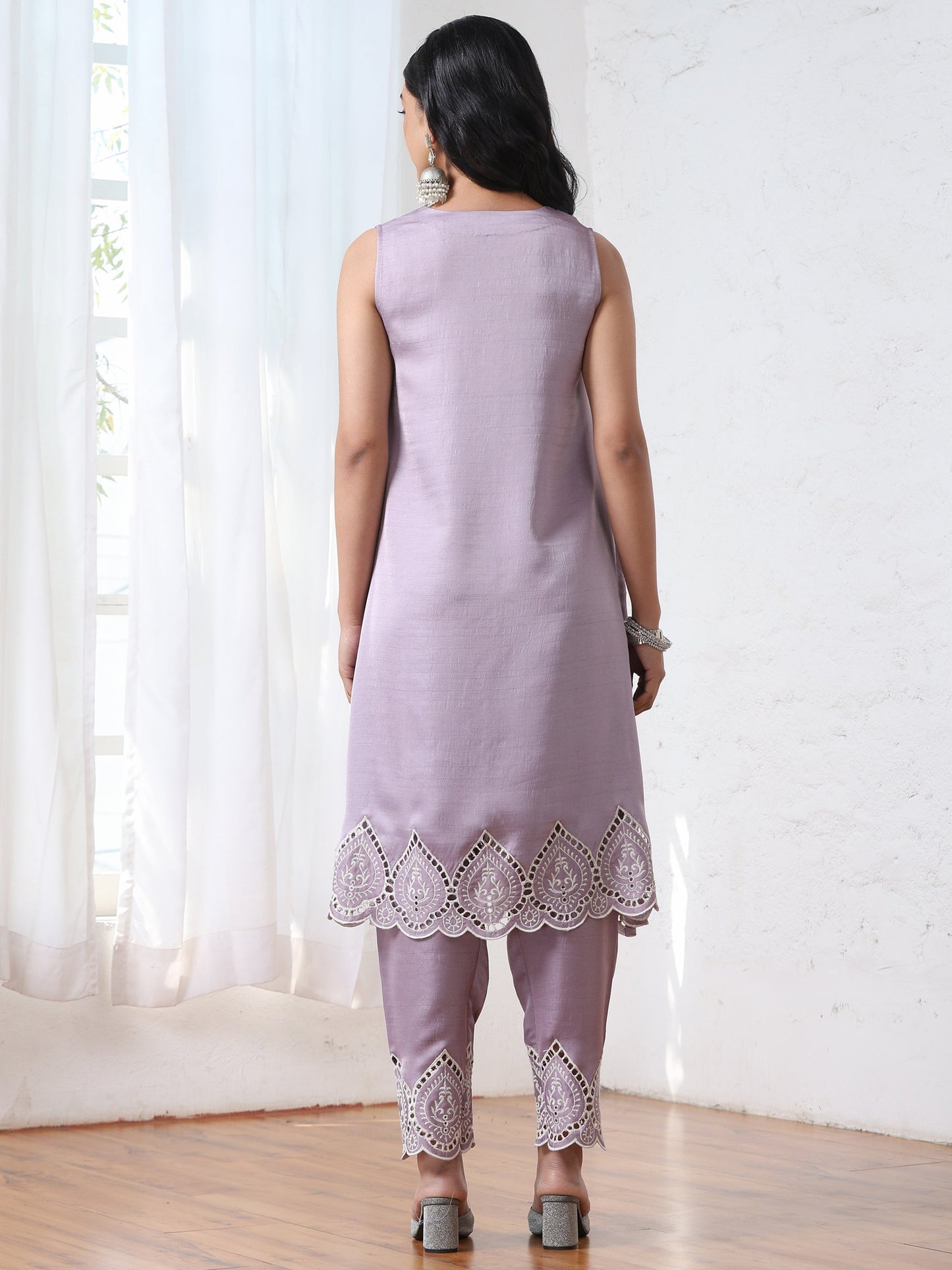Dhiyona ST Women’s Lilac Schffli Suit Set with Pant | 2 Pc Set, A-Line, Swiss Embroidery on hem and pant, Sleeveless, Work Wear, Casual (PRF'T Lux Duchess Satin Fabric)