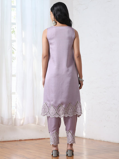 Dhiyona ST Women’s Lilac Schffli Suit Set with Pant | 2 Pc Set, A-Line, Swiss Embroidery on hem and pant, Sleeveless, Work Wear, Casual (PRF'T Lux Duchess Satin Fabric)