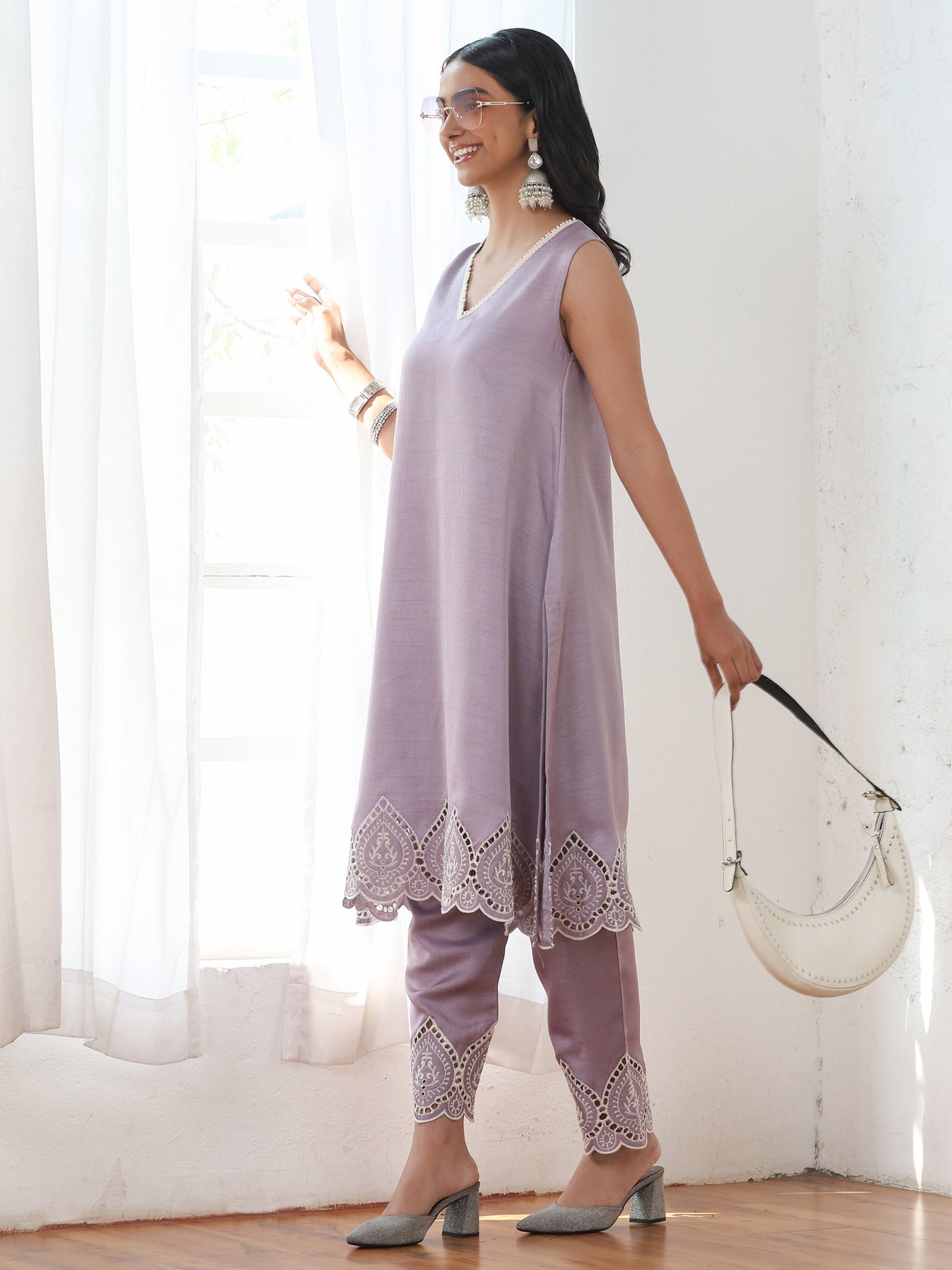 Dhiyona ST Women’s Lilac Schffli Suit Set with Pant | 2 Pc Set, A-Line, Swiss Embroidery on hem and pant, Sleeveless, Work Wear, Casual (PRF'T Lux Duchess Satin Fabric)