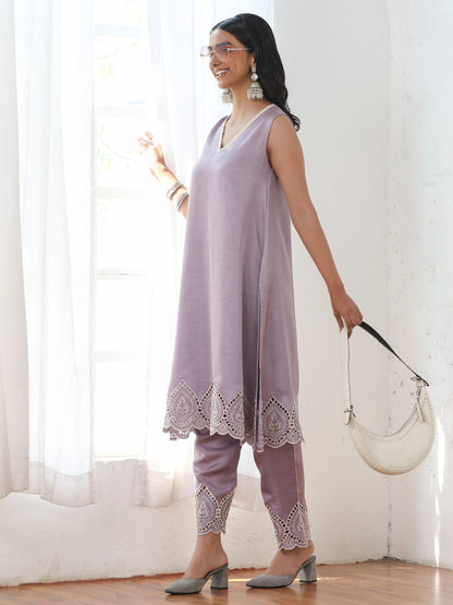 Dhiyona ST Women’s Lilac Schffli Suit Set with Pant | 2 Pc Set, A-Line, Swiss Embroidery on hem and pant, Sleeveless, Work Wear, Casual (PRF'T Lux Duchess Satin Fabric)