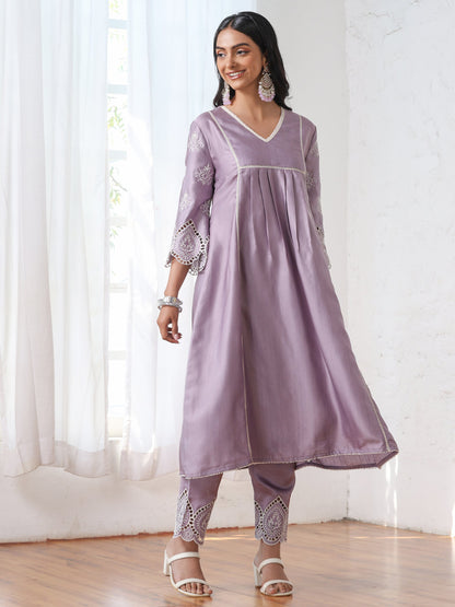 Dhiyona ST Women’s Lilac Suit Set with Pant | 2 Pc Set, A-Line, Swiss Embroidery on Sleeves, Work Wear, Casual (PRF'T Lux Duchess Satin Fabric)