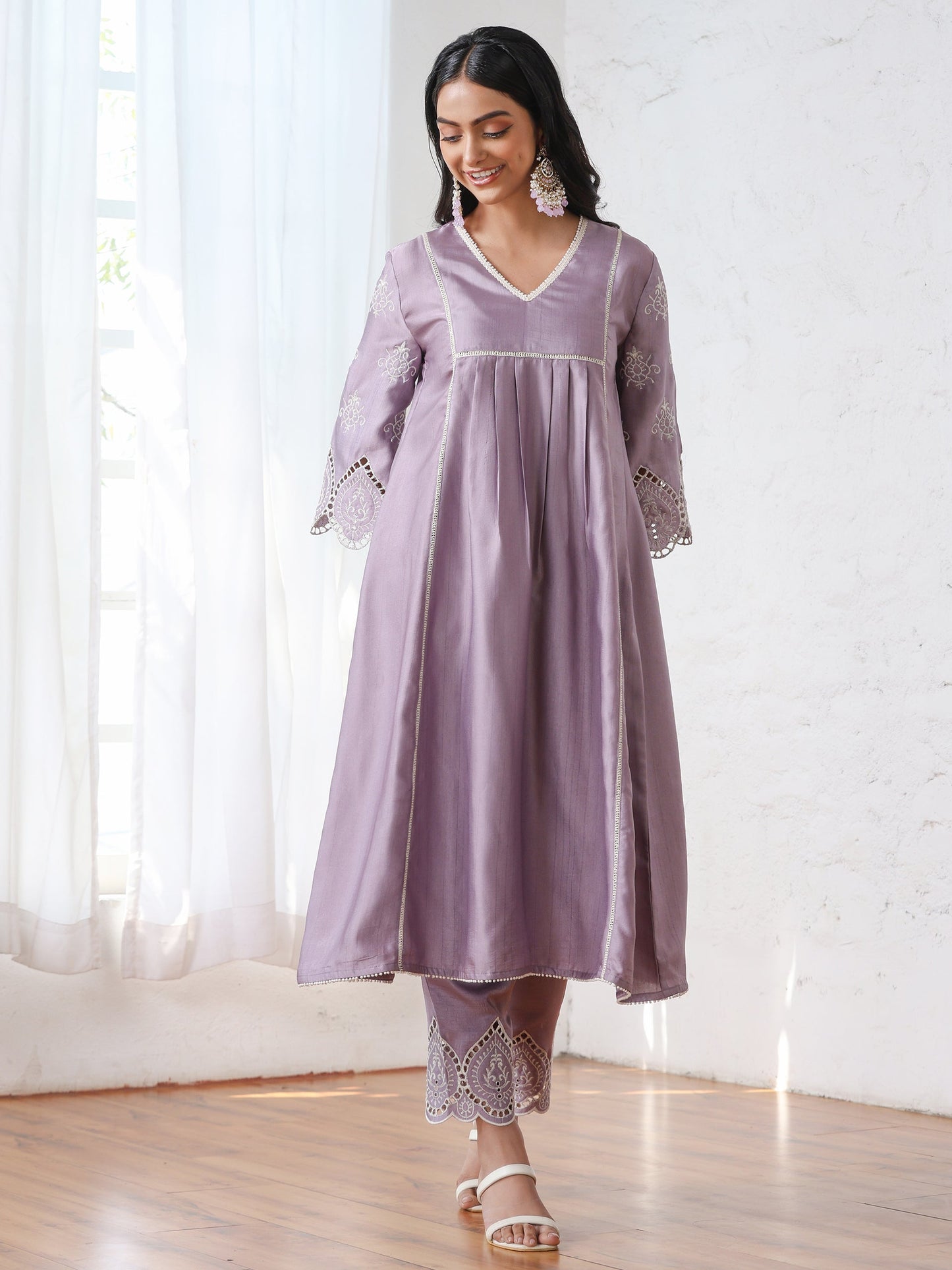 Dhiyona ST Women’s Lilac Suit Set with Pant | 2 Pc Set, A-Line, Swiss Embroidery on Sleeves, Work Wear, Casual (PRF'T Lux Duchess Satin Fabric)