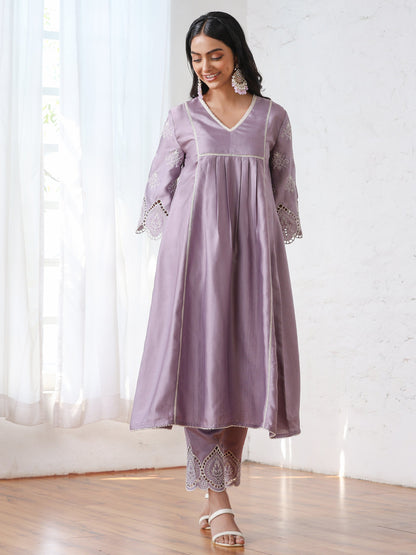 Dhiyona ST Women’s Lilac Suit Set with Pant | 2 Pc Set, A-Line, Swiss Embroidery on Sleeves, Work Wear, Casual (PRF'T Lux Duchess Satin Fabric)