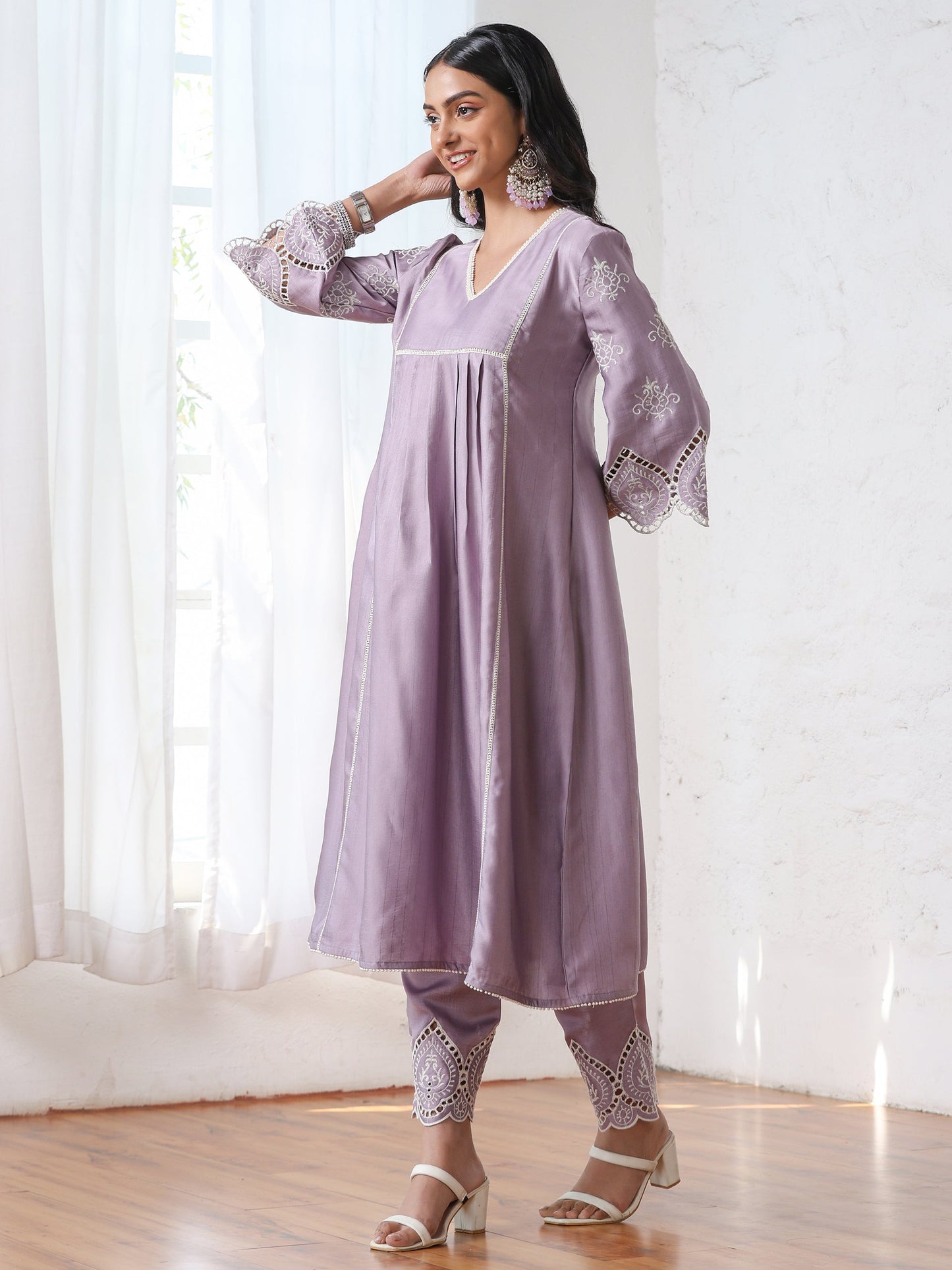 Dhiyona ST Women’s Lilac Suit Set with Pant | 2 Pc Set, A-Line, Swiss Embroidery on Sleeves, Work Wear, Casual (PRF'T Lux Duchess Satin Fabric)