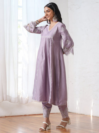 Dhiyona ST Women’s Lilac Suit Set with Pant | 2 Pc Set, A-Line, Swiss Embroidery on Sleeves, Work Wear, Casual (PRF'T Lux Duchess Satin Fabric)