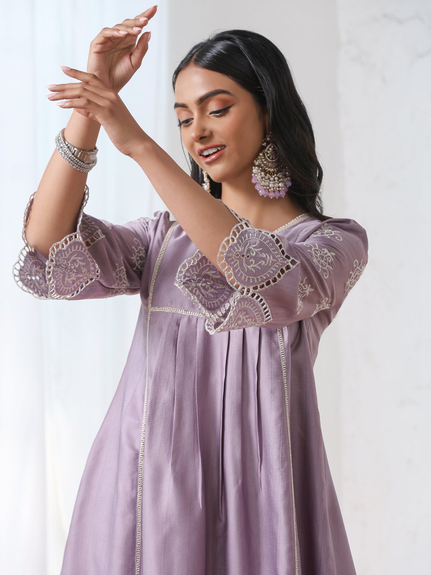 Dhiyona ST Women’s Lilac Suit Set with Pant | 2 Pc Set, A-Line, Swiss Embroidery on Sleeves, Work Wear, Casual (PRF'T Lux Duchess Satin Fabric)