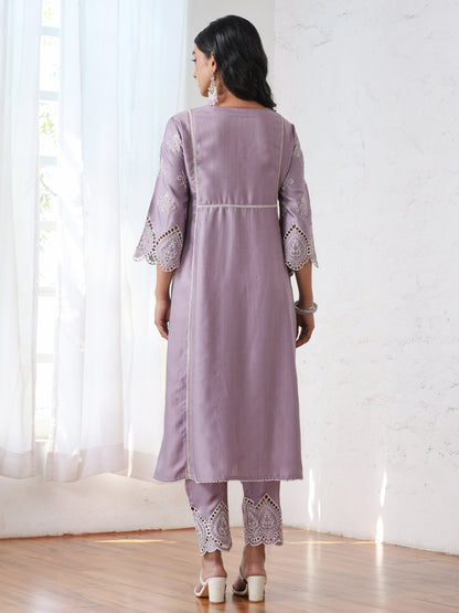 Dhiyona ST Women’s Lilac Suit Set with Pant | 2 Pc Set, A-Line, Swiss Embroidery on Sleeves, Work Wear, Casual (PRF'T Lux Duchess Satin Fabric)