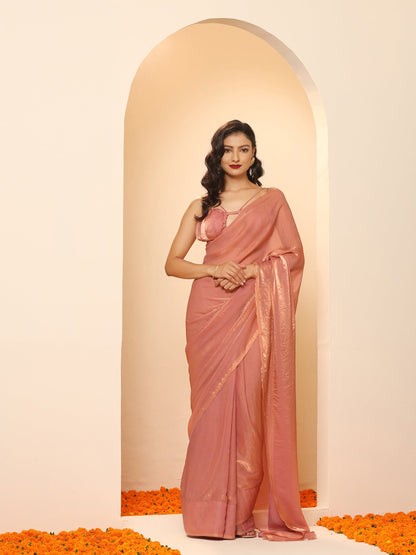 Dhiyona ST Pink Gold Metallic Satin Saree with Blouse Fabric