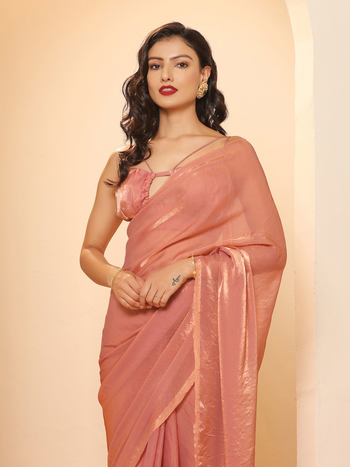 Dhiyona ST Pink Gold Metallic Satin Saree with Blouse Fabric