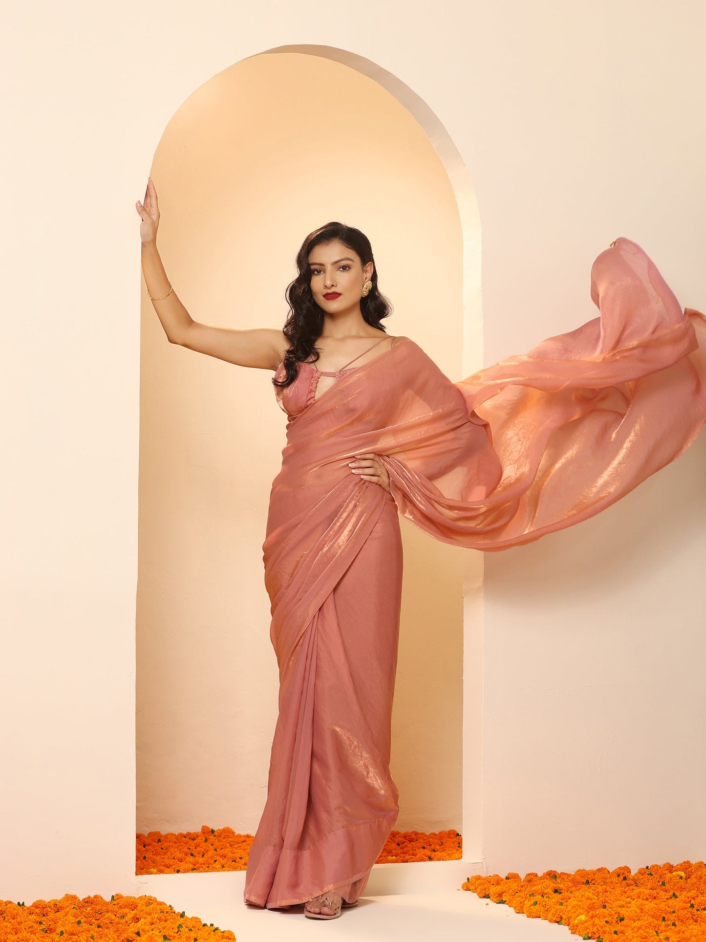 Dhiyona ST Pink Gold Metallic Satin Saree with Blouse Fabric