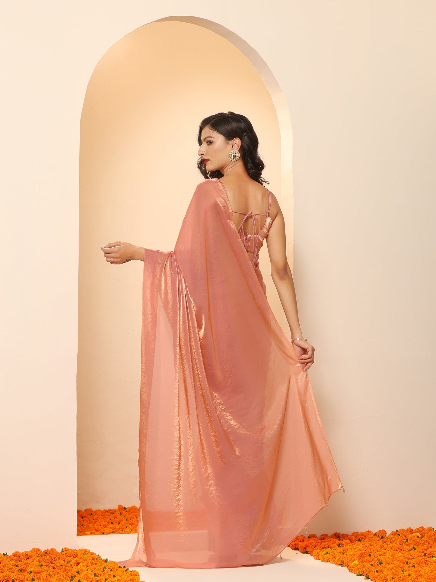 Dhiyona ST Pink Gold Metallic Satin Saree with Blouse Fabric
