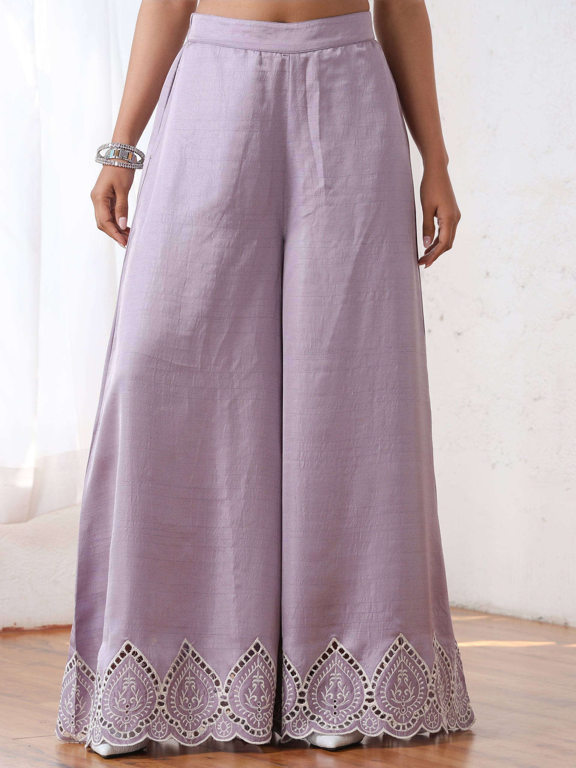 Dhiyona ST Women’s Luxe Lilac Schffli Palazzo | 1 Pc, PRF'T Lux Duchess Satin Fabric, Schiffli Embroidery, Festive Party Wear