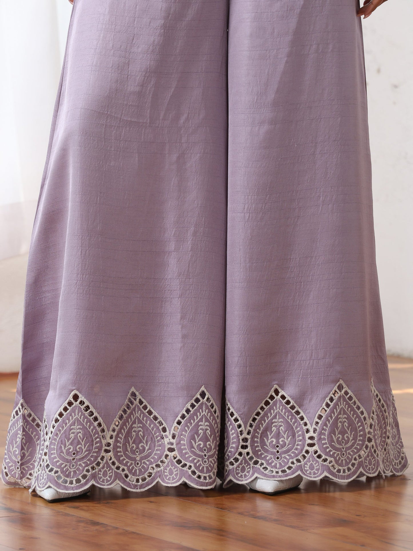 Dhiyona ST Women’s Lilac Suit Set with Palazzo | 2 Pc Set, A-Line, Swiss Embroidery on Kurta, Festive Wear, Casual (PRF'T Lux Duchess Satin Fabric)