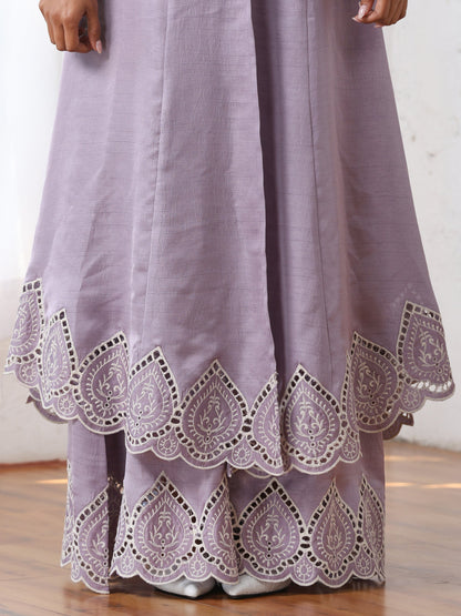 Dhiyona ST Women’s Lilac Suit Set with Palazzo | 2 Pc Set, A-Line, Swiss Embroidery on Kurta, Festive Wear, Casual (PRF'T Lux Duchess Satin Fabric)