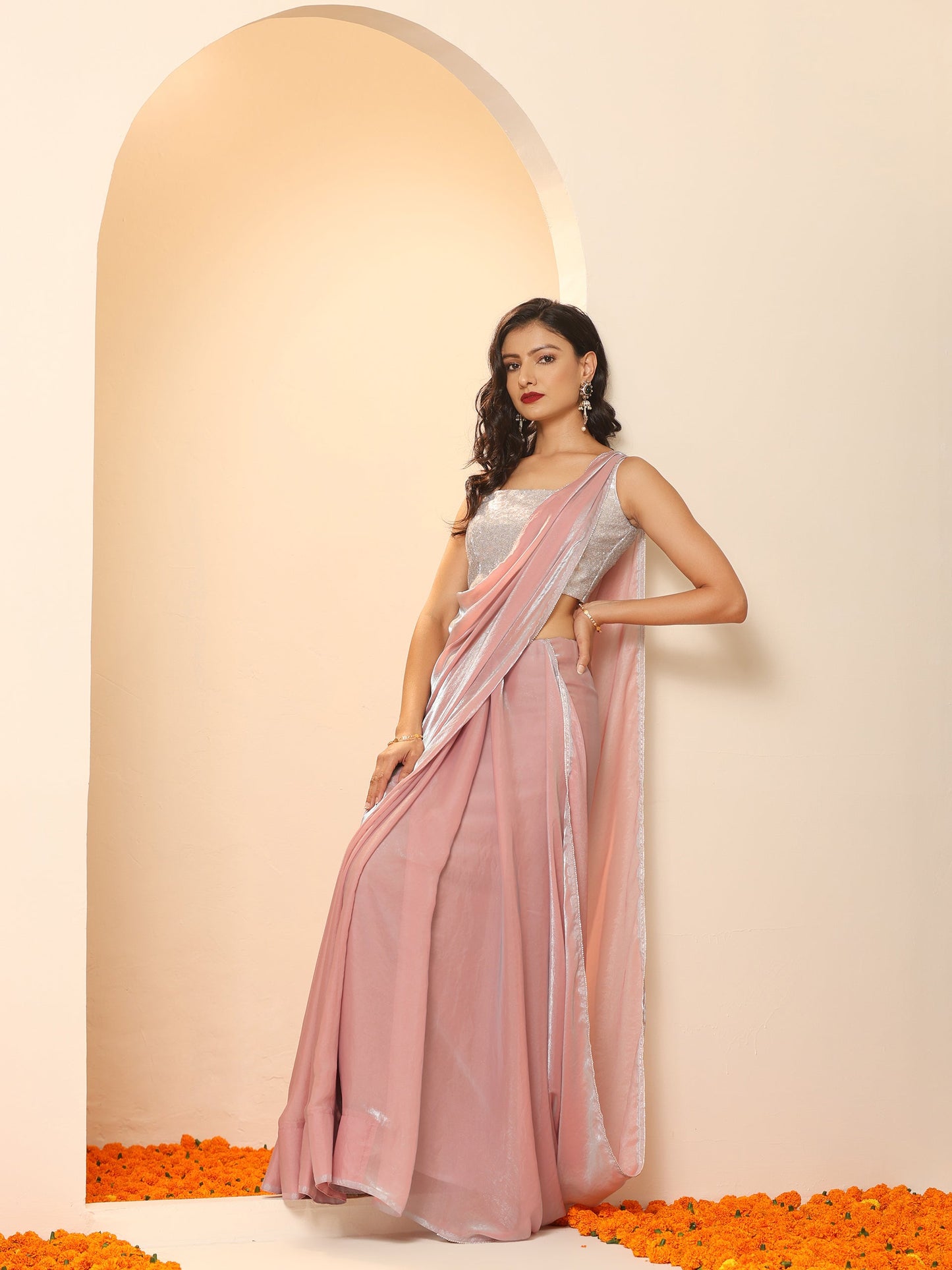 Dhiyona ST Pink Blue Metallic Satin Saree with Lace and Self Blouse Fabric