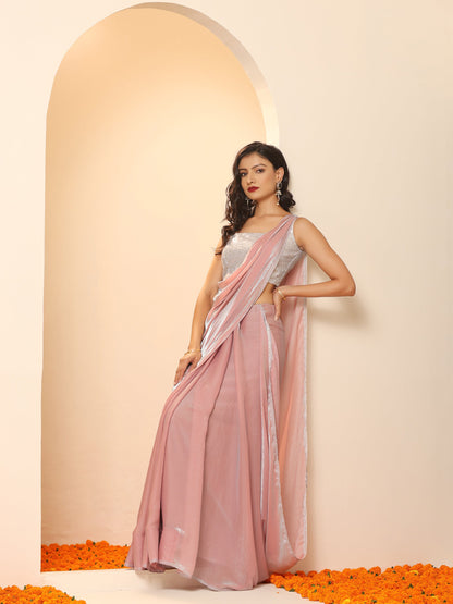 Dhiyona ST Pink Blue Metallic Satin Saree with Lace and Self Blouse Fabric