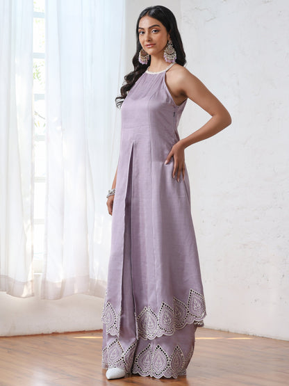 Dhiyona ST Women’s Lilac Suit Set with Palazzo | 2 Pc Set, A-Line, Swiss Embroidery on Kurta, Festive Wear, Casual (PRF'T Lux Duchess Satin Fabric)