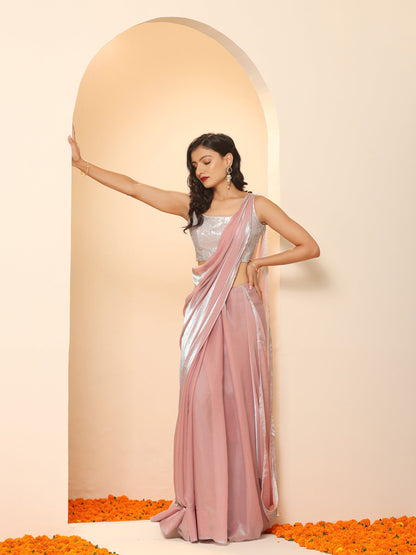 Dhiyona ST Pink Blue Metallic Satin Saree with Lace and Self Blouse Fabric