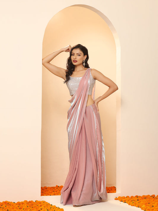 Dhiyona ST Pink Blue Metallic Satin Saree with Lace and Self Blouse Fabric